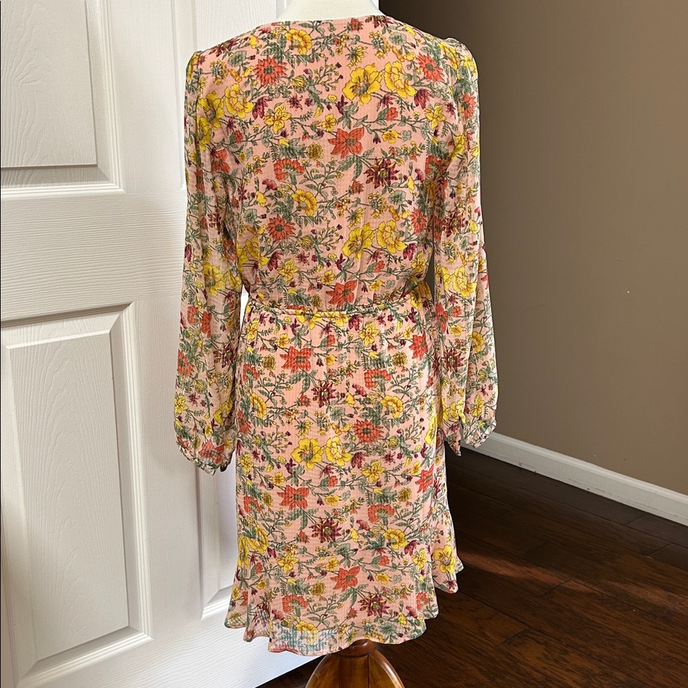 New LOFT M Garden Flounce Peach Floral A Line Long Sleeve Pink NWOT Size Medium - Picture 2 of 9